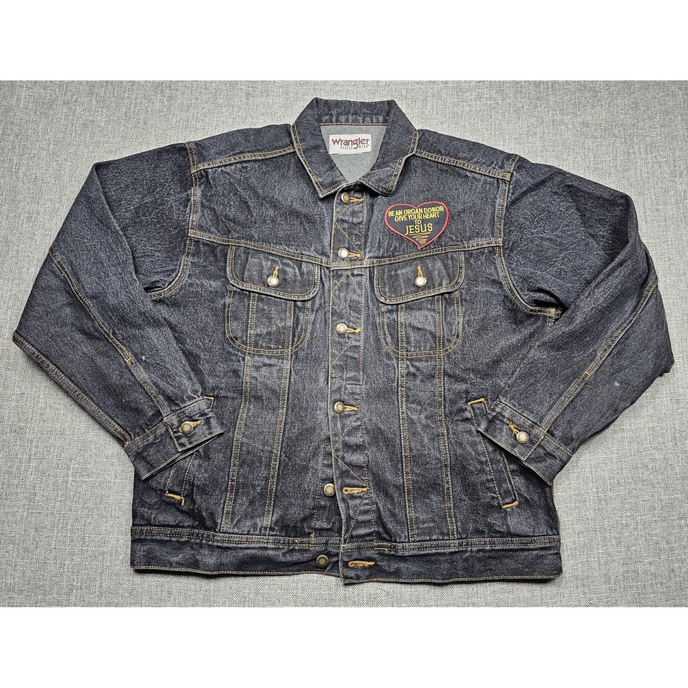 Wrangler Rugged Wear Blue Denim Trucker Jacket Mens XL Eagle Back Patch Jesus